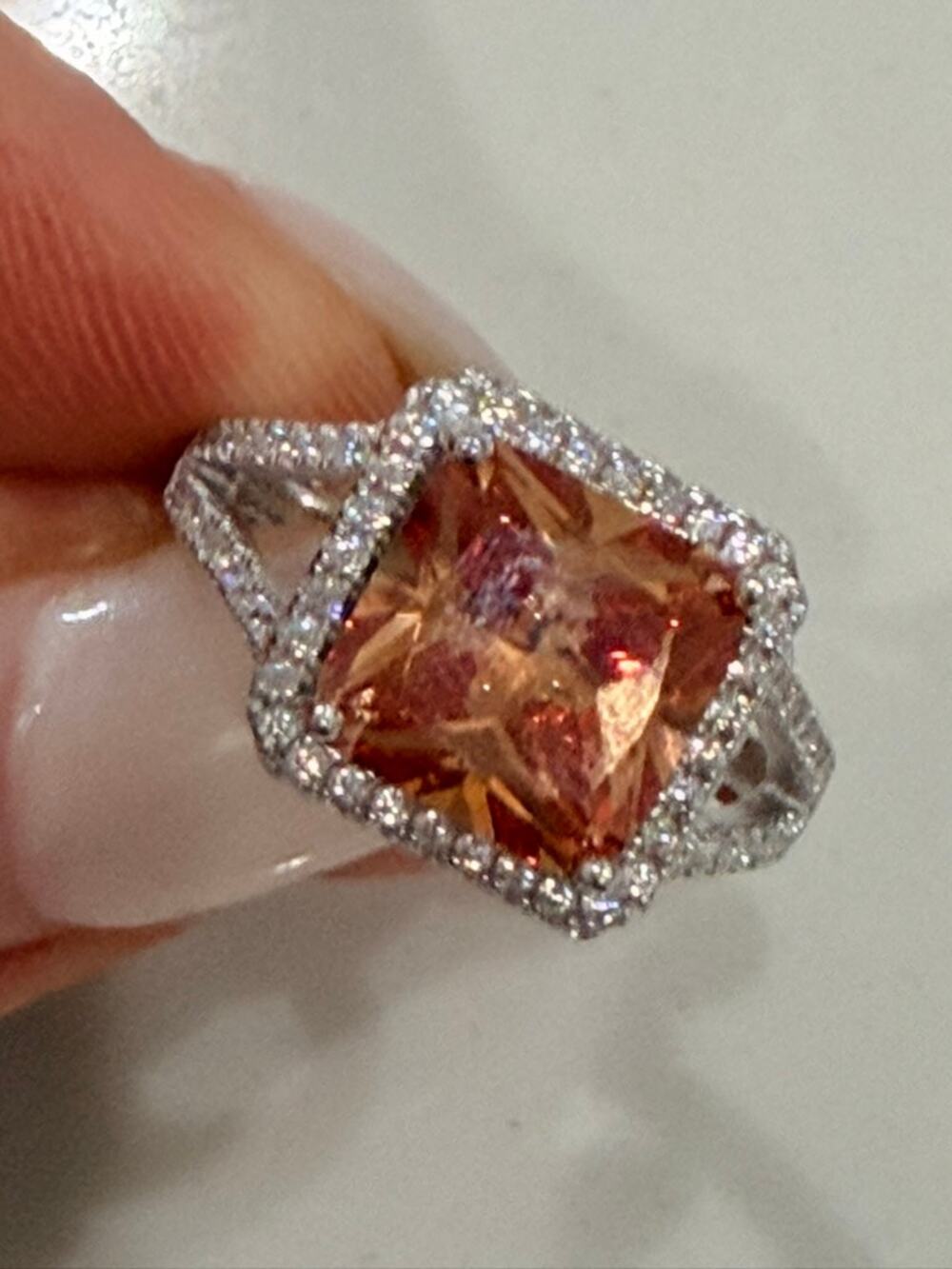 Square princess-cut sterling silver ring  peach topaz and moissanite. - Size 6